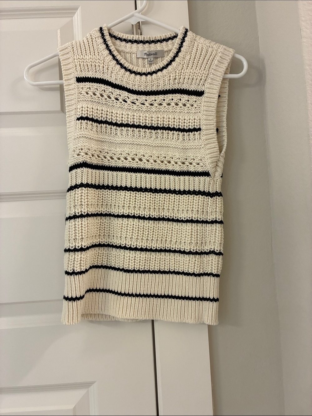Madewell Cream and Black Striped Knit Sleeveless Sweater